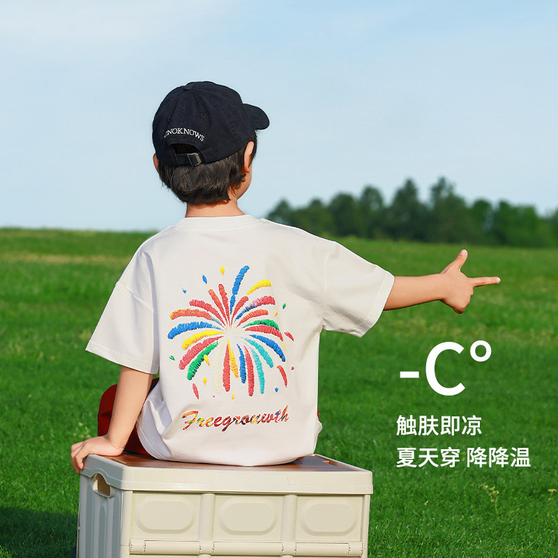 Boys Pure Cotton Short-Sleeved T-Shirt 2025 New Baby Summer Clothes Kidsren's White Boy Short-Sleeved Fireworks Top