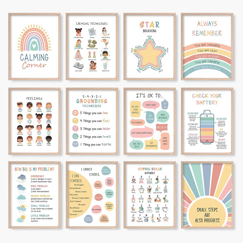 卡通插画风心理健康海报心理咨询室自我认知教育儿童装饰挂画画芯