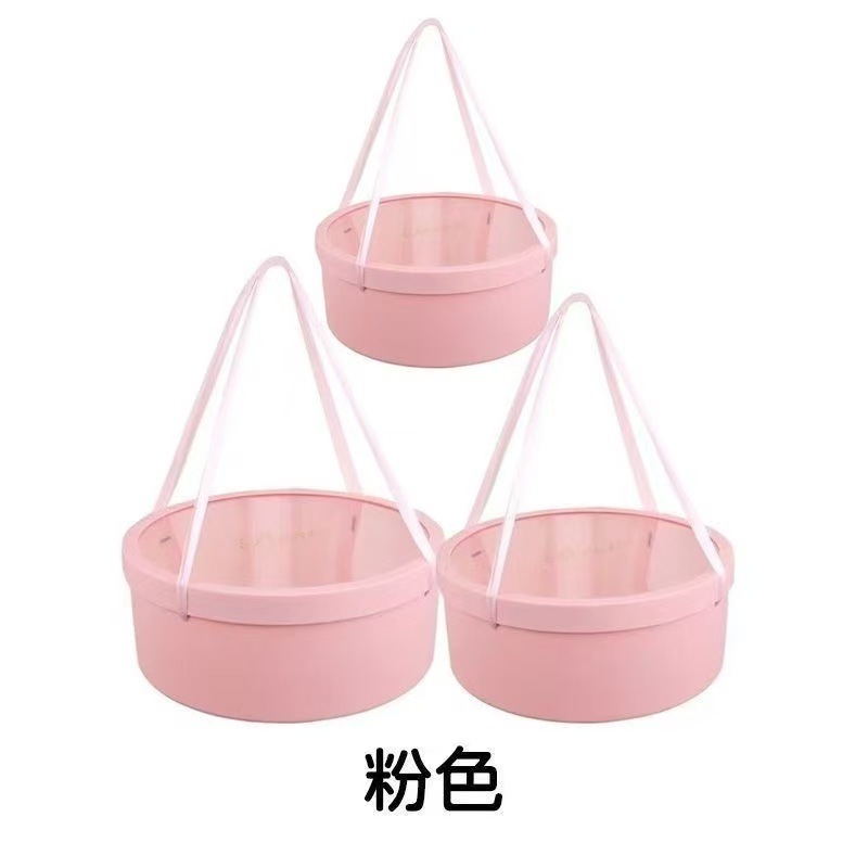 手提绳圆形礼盒透明鲜花礼盒大中小圆形水果包装盒礼盒空盒子套三