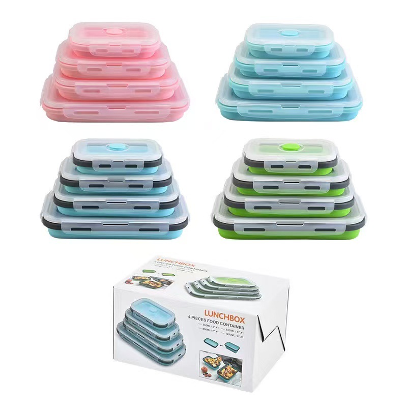 Creativo portátil silicona plegable caja de almuerzo refrigerador caja de almuerzo para estudiantes microondas caja de almuerzo 4 piezas set