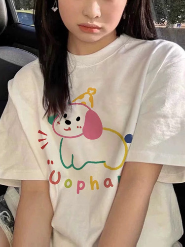 Summer Trend Fun Cartoon Cute Print Design Short Sleeve T-Shirt Loose Casual Versatile Base Shirt