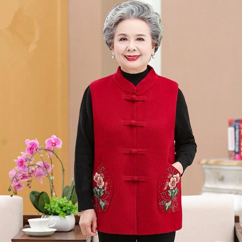 Бабушка осенне-зимний вязаный жилет пальто костюм Тан для среднего и пожилого возраста, женский жилет средней длины в западном стиле, Осенний жилет средней длины