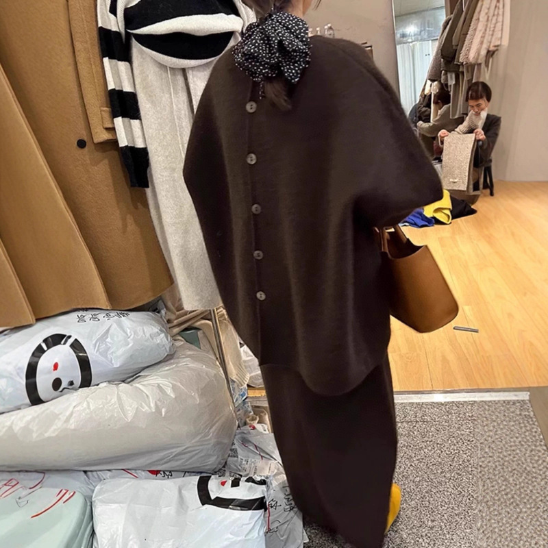 法式慵懒风软糯针织套装女秋冬款设计感宽松毛衣针织半身裙两件套|undefined