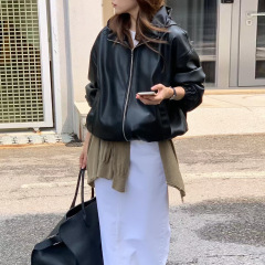 韩系气质复古帅气街头风连帽宽松短款PU皮衣外套机车服夹克89392