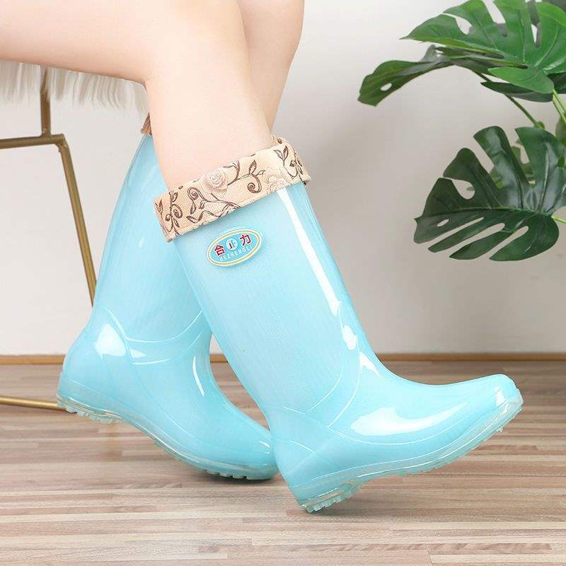 Botas de lluvia de gelatina de tubo alto, botas de lluvia de caramelo de tubo largo antideslizantes para mujer, zapatos de goma de agua, botas de agua de cuatro estaciones para mujer, zapatos de agua para adultos para mujer
