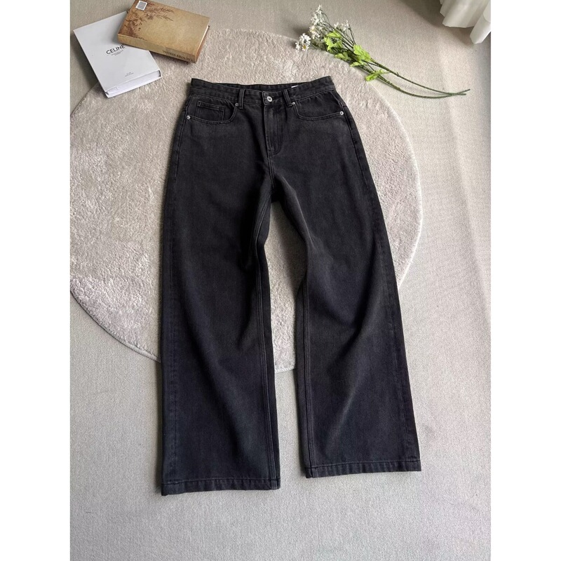 Autumn and Winter New Retro Loose Casual Basic Versatile Distressed Washed Black Gray Straight-Leg Floor-Length Jeans for Men