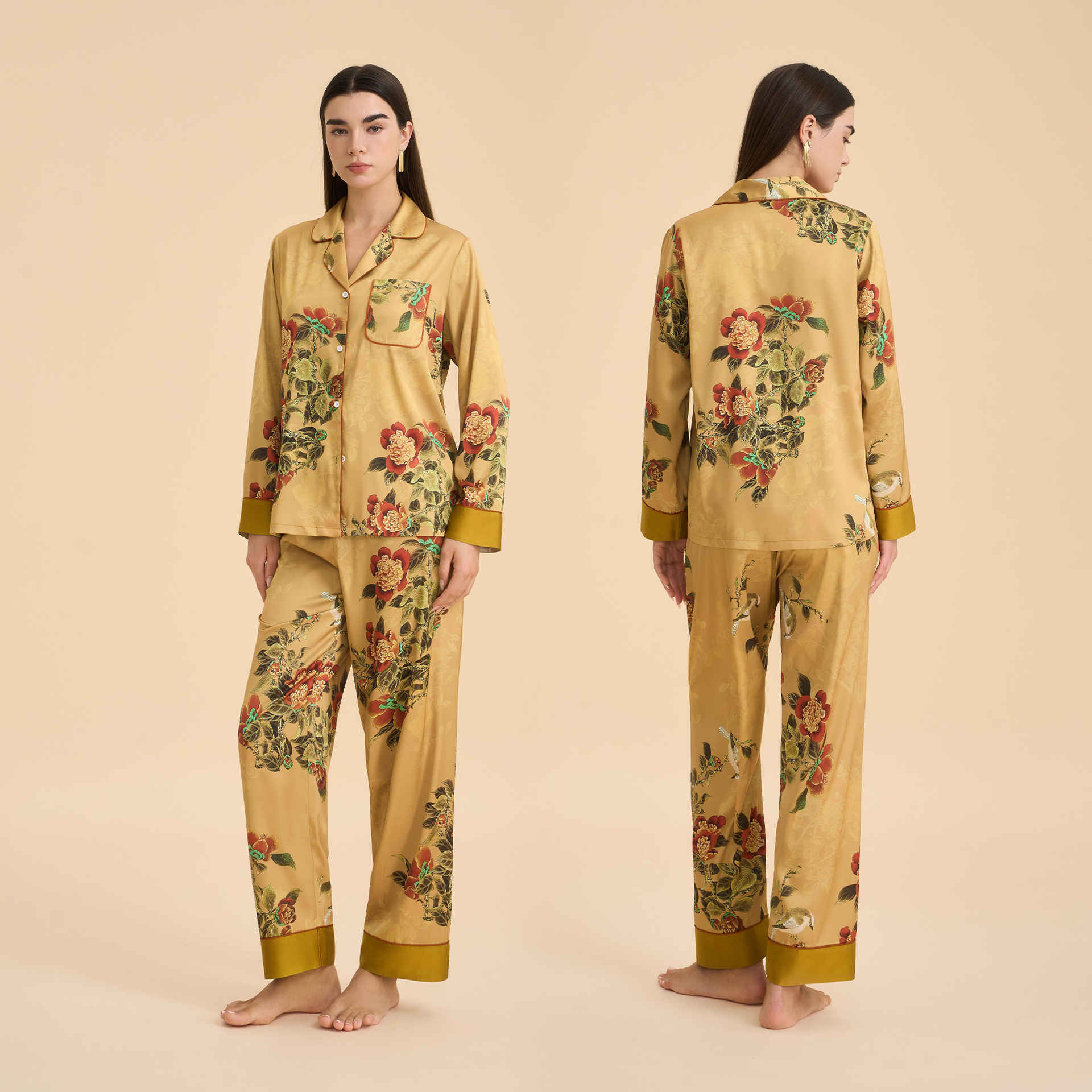 Pijama floral elegante de primavera y otoño para mujeres pantalones de manga larga con solapa delgada ropa casera casual y cómoda TZ4001