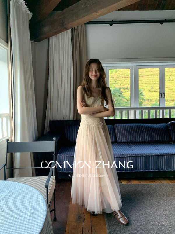 CZ ZHANG秋纱网蕾丝绣花拼接高腰A字大摆名媛吊带连衣裙B36212|undefined