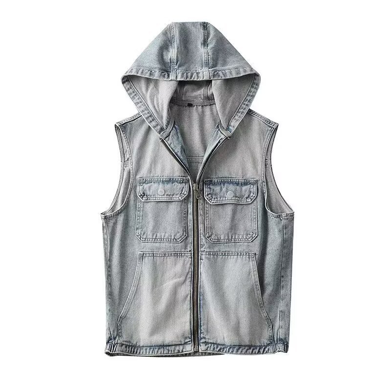 American-style hooded denim vest for men, trendy gray retro loose motorcycle zip-up jacket.
