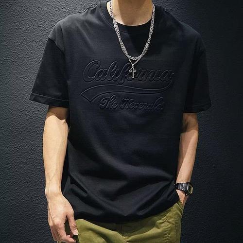 Summer Loose Letter Embossed Steel Print Crew Neck Short Sleeve Hong Kong Style Versatile American Trend Brand T-Shirt for Men in Black