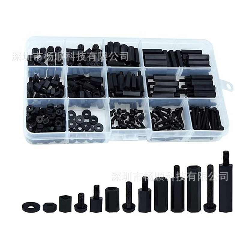 Cross-Border 320Pcs Boxed Black Nylon Hex Nuts, Double-Way Isolation Columns, Leveling Pads, and M3 Screw Combination Set Cross-Border 320Pcs Boxed Black Nylon Hex Nuts, Double-Way Isolation Columns, Leveling Pads, and M3 Screw Combination Set