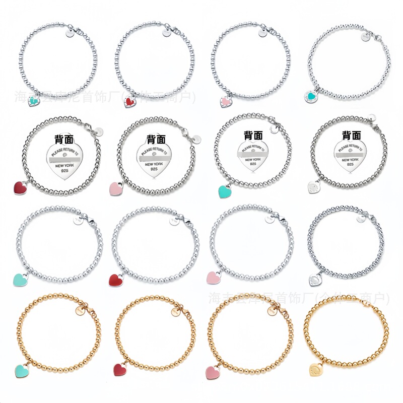 Cross-Border t Brand 925 Sterling Silver 4mm Bead Enamel Heart-Shaped 18K Gold-Plated Diamond-Studded Ti Brand V Gold Bead Heart Bracelet