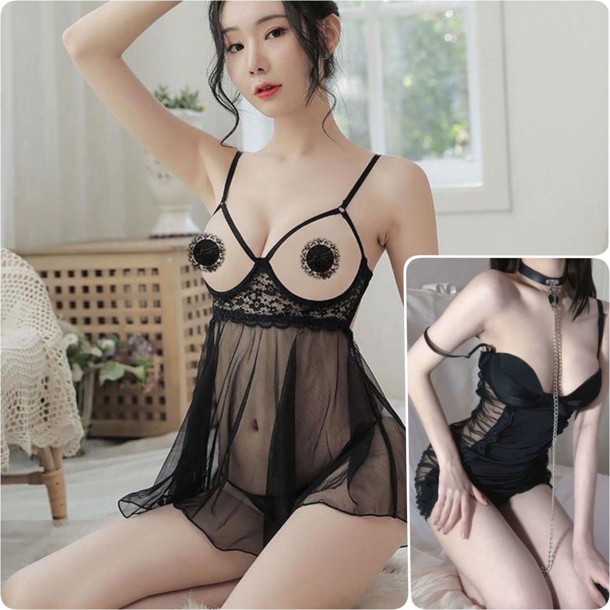 언더와이어 블랙 나이트가운 + 프리 팬티가 포함된 225 푸시업 서스펜더