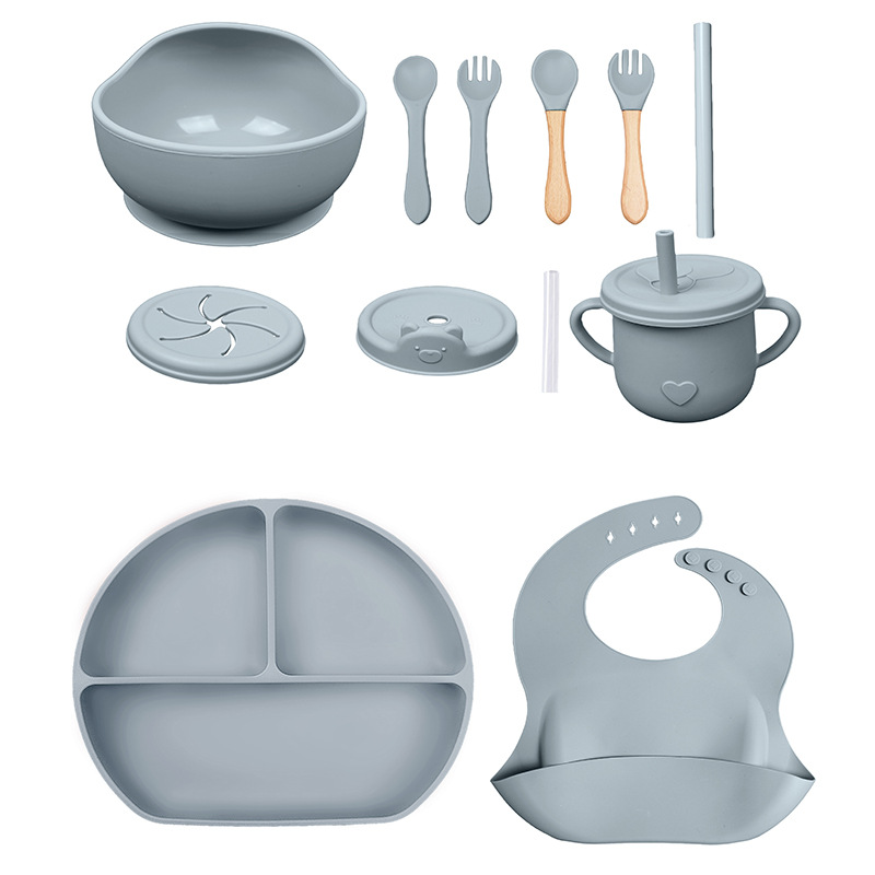 Conjunto de cubiertos para niños tazón de alimentos suplementarios platos de silicona tazón de cuchara de tenedor bib taza de agua de grado alimenticio para bebés alimentación suplementaria