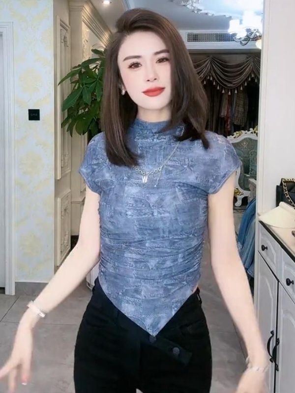 유럽 타이 다이 세미 하이 칼라 반팔 티셔츠 여름 짧은 민소매 불규칙 순수 바람직한 메쉬 어깨 겉옷 탑
