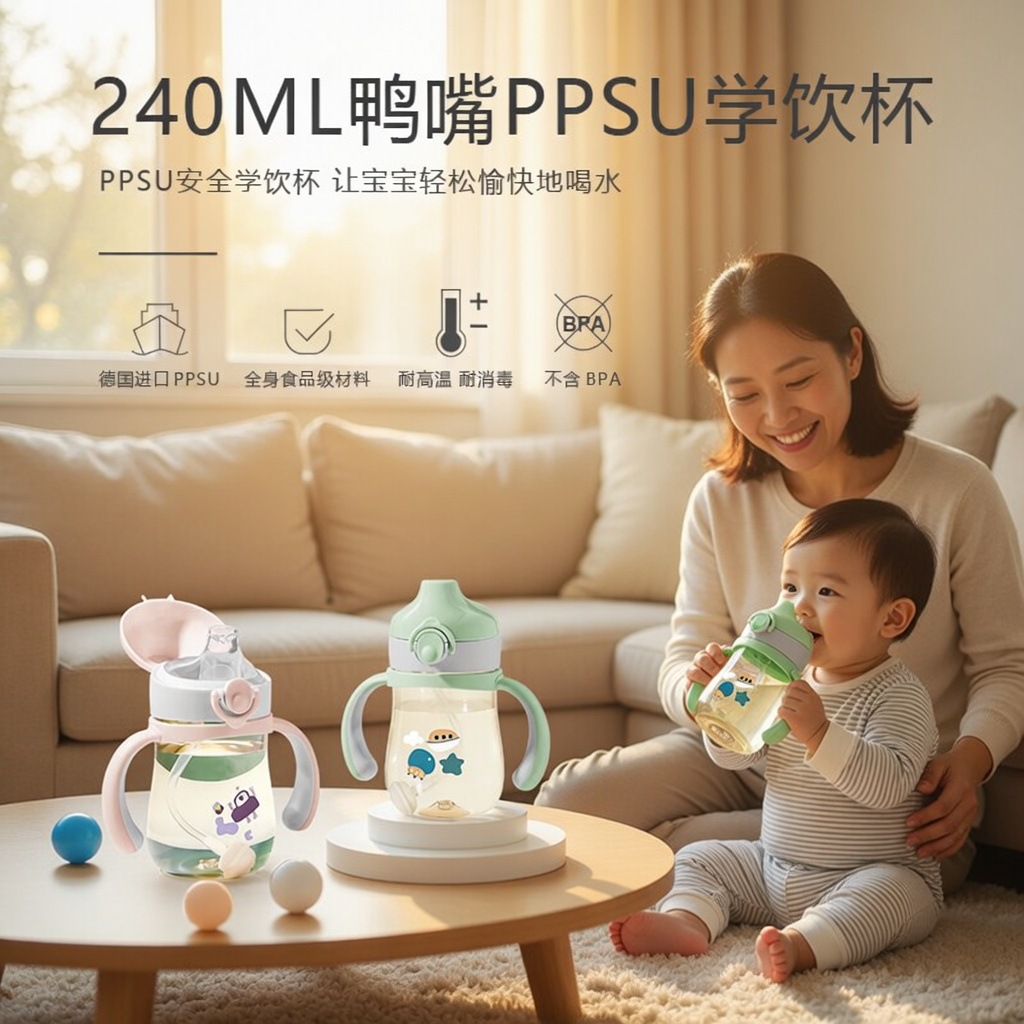 Venta al por mayor de ppsu bebé boca de pato con pajita, Copa de bebida con mango, calibre ancho 330ml, Copa de agua de gran capacidad personalizada