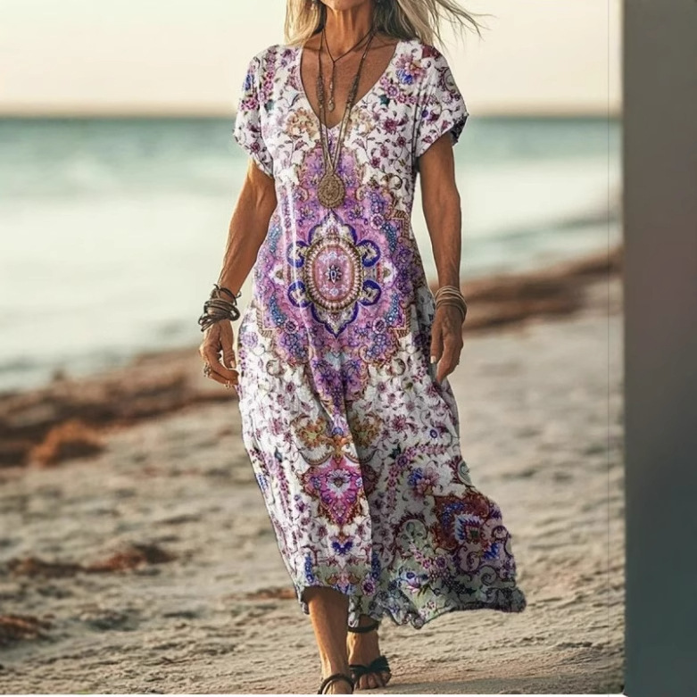 Creative Floral Women's Clothing Summer V-Neck Short-Sleeved Dress Mid-Length Dress_ecoleips.com