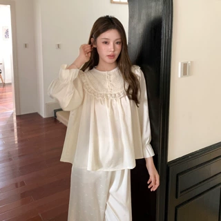 【欧若拉】甜美睡衣女2025秋冬薄款冰雪丝公主风家居服两件套提花