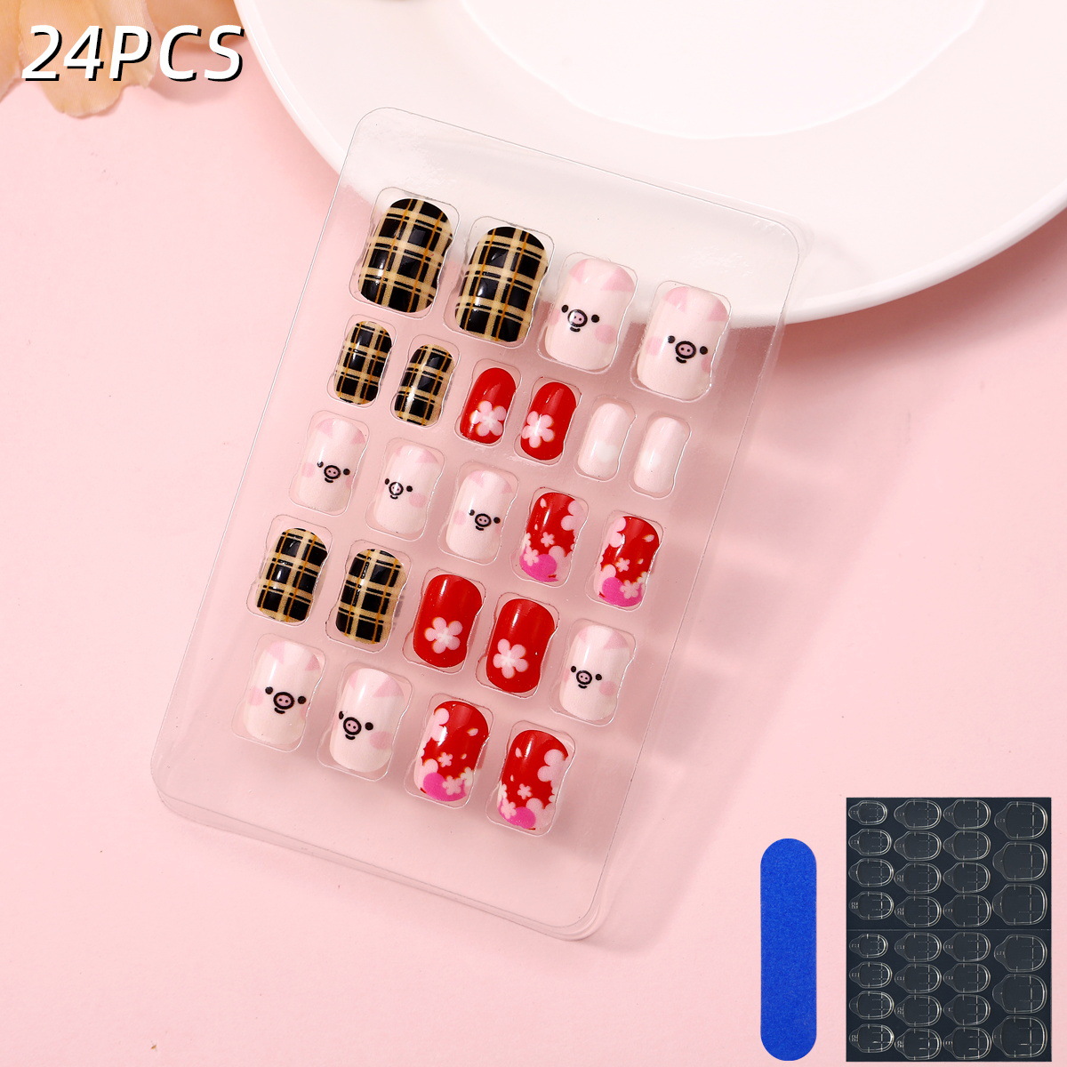 Juego de 24 piezas de uñas postizas para niños con diseño de dibujos animados, desmontables con adhesivo y exquisito diseño.