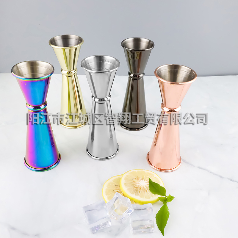 Taza medidora de acero inoxidable de doble extremo con borde enrollado y escala, taza medidora de onzas para bar, herramienta para mezclar cócteles, utensilio para cócteles.