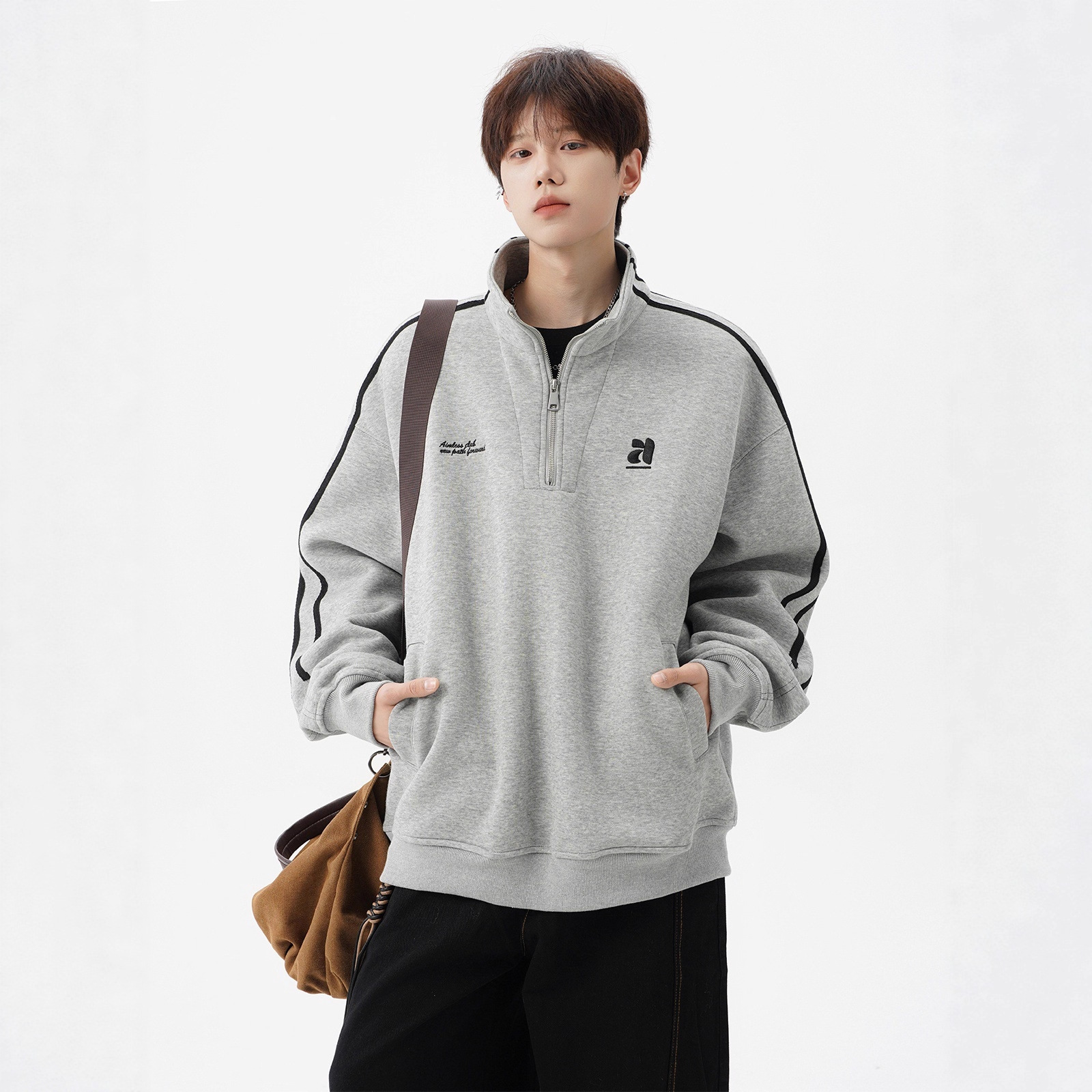 美式条纹立领情侣卫衣男秋潮牌复古半拉链上衣设计感重磅运动外套