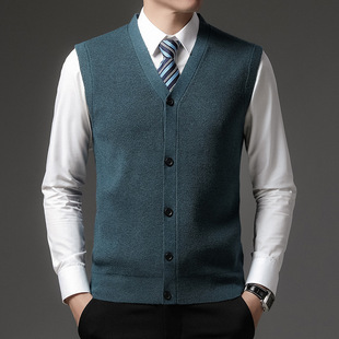 2025 New Middle-Aged Men's V-Neck Cardigan Sweater Autumn Men's Vest Woolen Sweater Casual Men's Top Men's Clothing