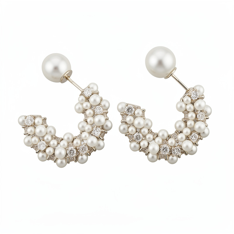 Agujas de plata de piedra de perla redonda en forma de C perlas retrógrado franceses delicados pendientes de lujo ligero de alta sensación de auriculares mayorista image 6