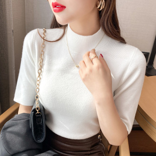 Women's short-sleeved sweater 2024 summer half-turtleneck Western style undershirt slim-fit slimming half-sleeve knitted top