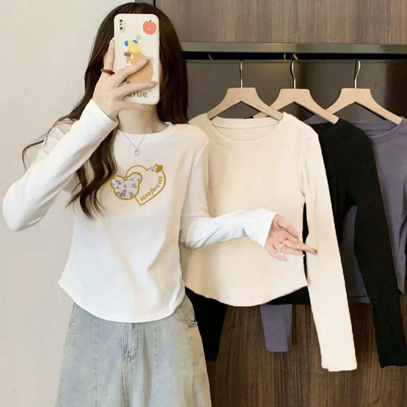 Cotton Threaded Long-Sleeved T-Shirt for Women in Spring and Autum Design Curved Hem Slim Fit Versatile Bottoming T-Shirt Top for Women Cotton Cotton Threaded Long-Sleeved T-Shirt for Women in Spring and Autum Design Curved Hem Slim Fit Versatile Bottoming T-Shirt Top for Women Cotton