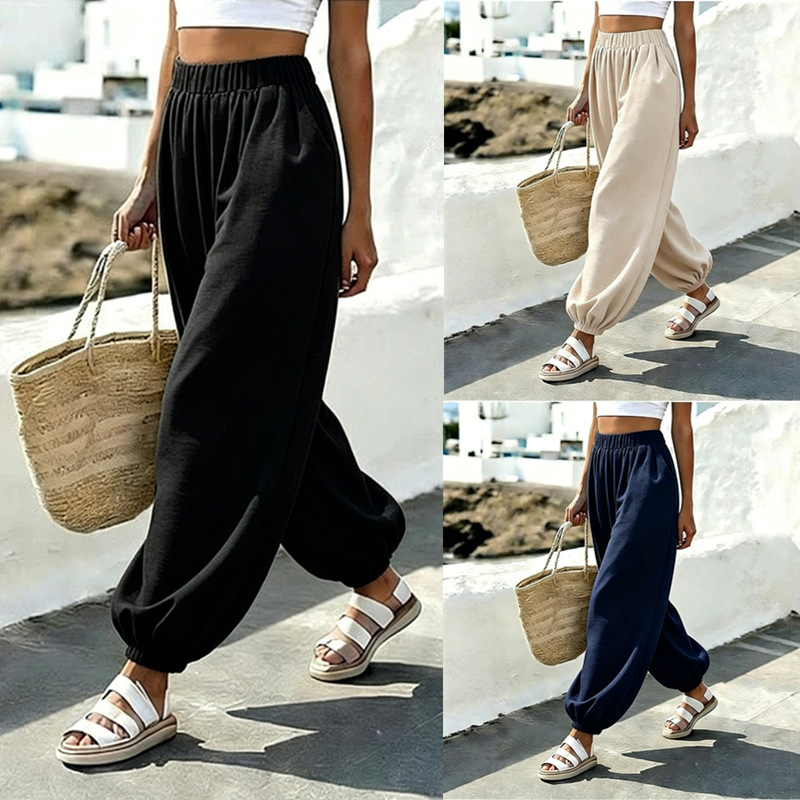 2026 European and American Cross-Border Amazon Independent Site Beach Vacation Style High-Waisted Pocket Comfortable Lantern Pants Women's Long Pants 2026 European and American Cross-Border Amazon Independent Site Beach Vacation Style High-Waisted Pocket Comfortable Lantern Pants Women's Long Pants