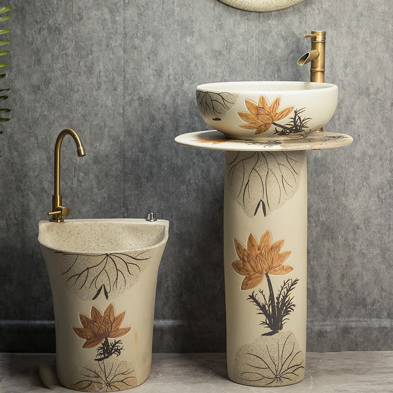 Outdoor Retro Courtyard Blue and White Porcelain Column Washbasin Villa Garden Ceramic Integrated Washbasin Outdoor Balcony