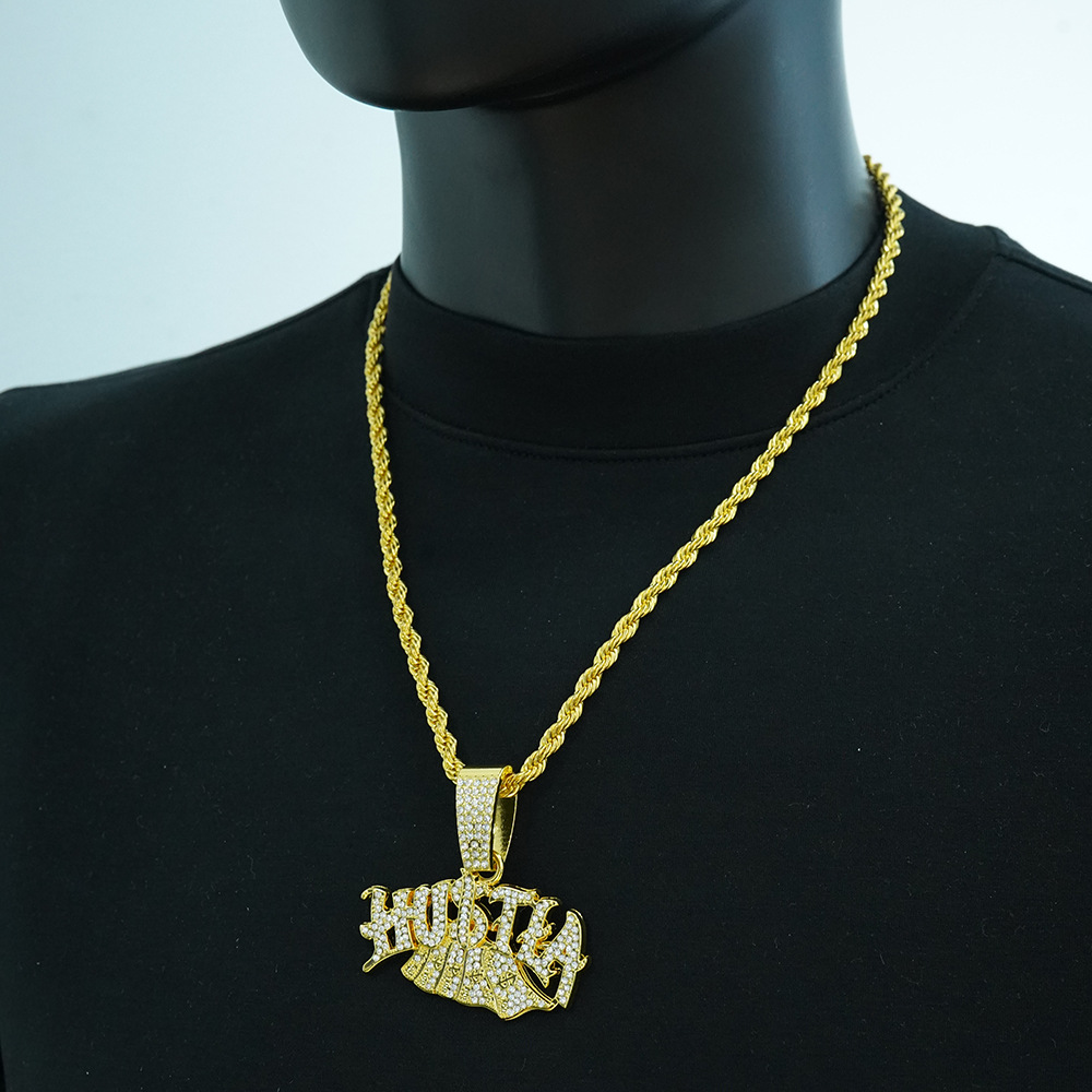 2025 nueva aleación con letras de diamantes completos Hustla colgante para hombres y mujeres moda hip-hop joyería con collar de giro de 5mm