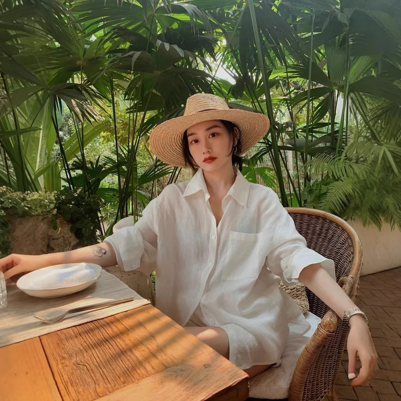 2026 Summer Linen Sun-Protective Long-Sleeve Shirt Versatile Blouse Women's Minimalist Cotton-Linen Wide-Leg Pants Two-Piece Set