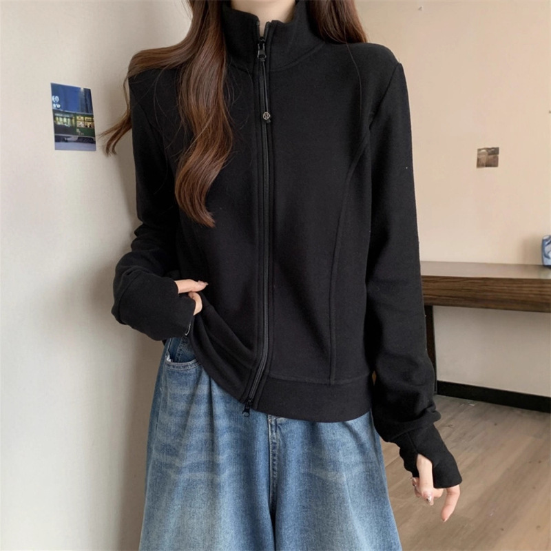 Designed Black Stand-Up Collar Right Shoulder Sweatshirt 2025 Autum Large Size Fat mm Belly-Covering Double Zipper Cardigan Long-Sleeved Top