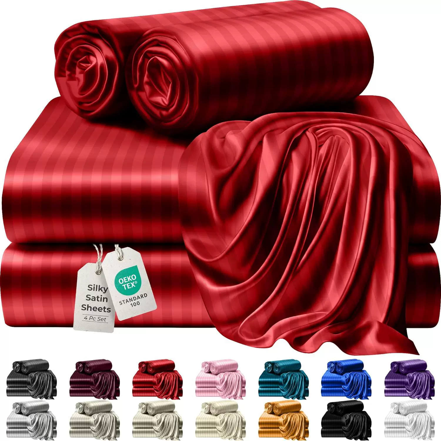 亚马逊跨境欧美缎条素色床单床笠四件套仿真丝色丁bed sheet sets