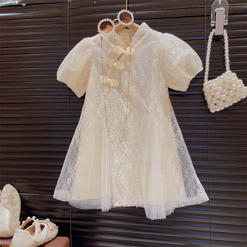Lace netting princess qipao dress with bubble sleeves, 2025 summer attire, for young children, Chinese style qipao dress with button loops