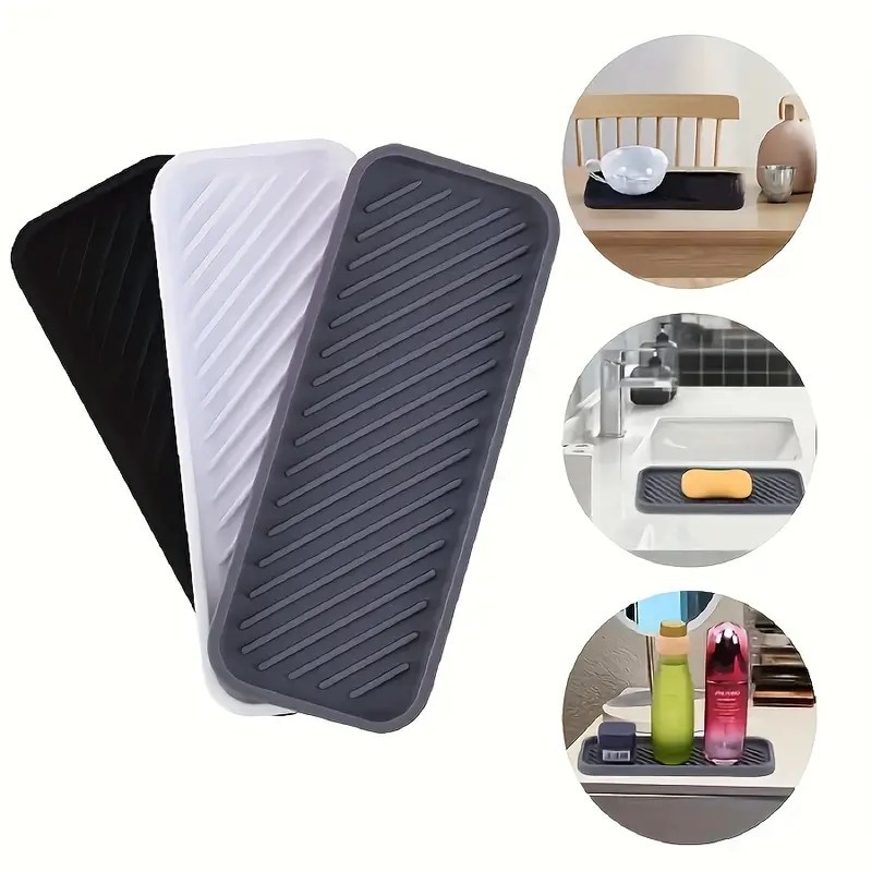 Rectangular Striped Design Silicone Sink Protection Mat Multifunctional Storage Tray Bathroom Tray Sink Protection Mat
