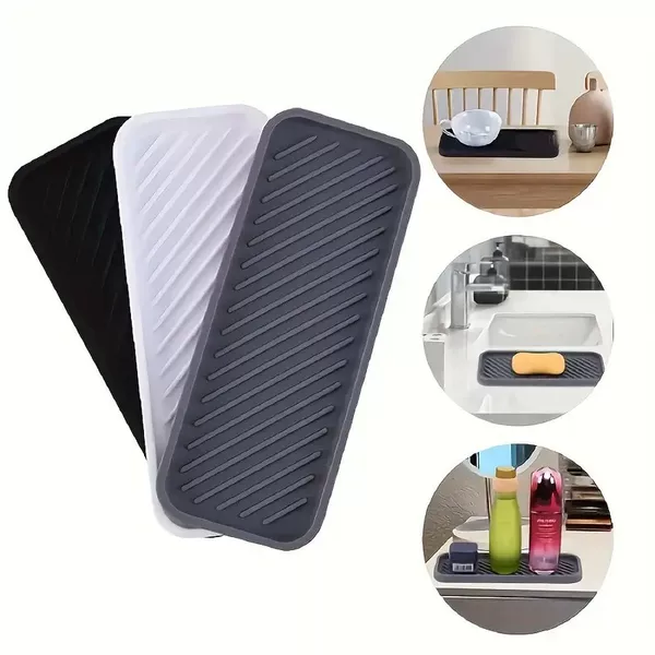 Rectangular Striped Design Silicone Sink Protection Mat Multifunctional Storage Tray Bathroom Tray Sink Protection Mat