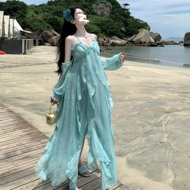 2026 Summer Vacation Style Spaghetti Strap Dress for Photo Shoots, Fairy Beach Dress, Beautiful Dress for Travel Photos 2026 Summer Vacation Style Spaghetti Strap Dress for Photo Shoots, Fairy Beach Dress, Beautiful Dress for Travel Photos