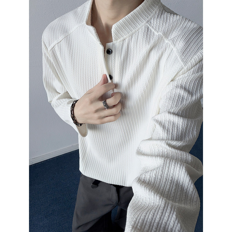 Old Money Style Henley Collar Long Sleeve T-Shirt for Men, Spring and Autumn, Loose Fit with Vertical Striped Texture, Casual Top Old Money Style Henley Collar Long Sleeve T-Shirt for Men, Spring and Autumn, Loose Fit with Vertical Striped Texture, Casual Top