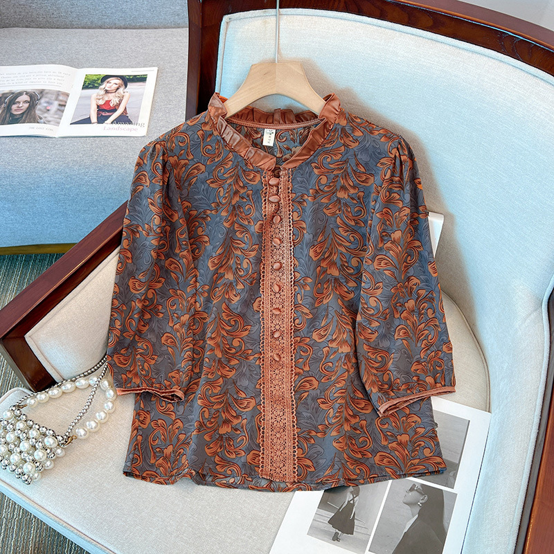 Large Size Fashionable Elegant Mid-sleeve Lotus Collar Lace Stitching Elegant Age-reducing All-match Shirt Women's Summer New Women's Clothing