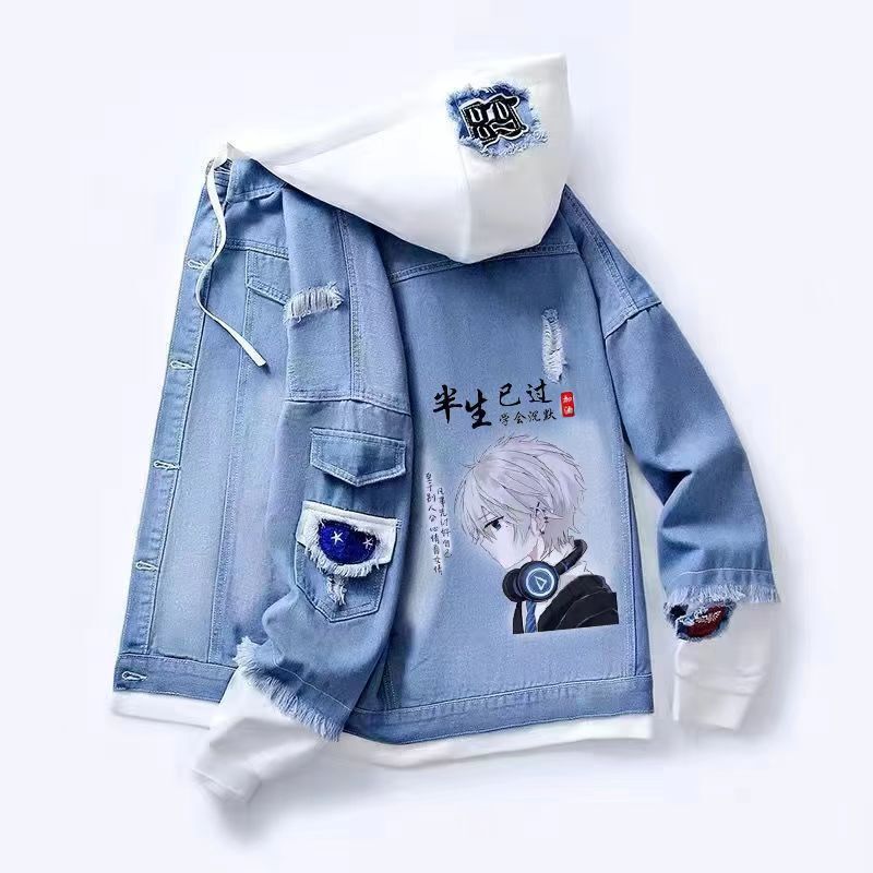 2025 New Fake Two-Piece Hooded Denim Jacket for Men and Teenagers, Versatile Trendyy Jacket, Spring and Autum Loose Jacket