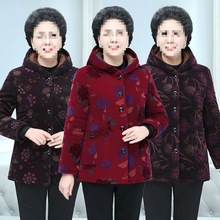 妈妈秋冬新款外套碎花棉衣女短款加绒加厚棉袄中老年奶奶连帽棉服