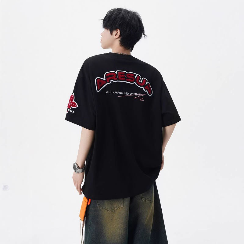 American-Style Letter Print Design Short-Sleeve T-Shirt for Men, New Summer Style, Loose Fit, Trendy Brand, Versatile Heavyweight Half-Sleeve Tee