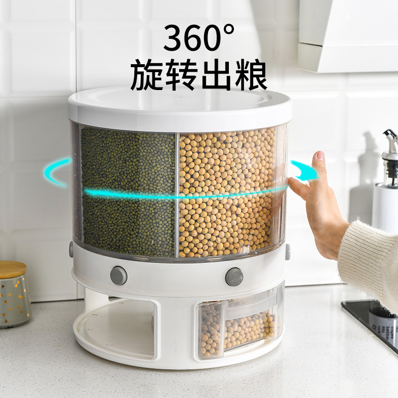 20-Li Six-Section Household Moisture-Proof Rice Storage Container, Kitchen Rice Bucket with Insect-Proof Design, Sealed Can for Mixed Grains, Rotating Rice Bin