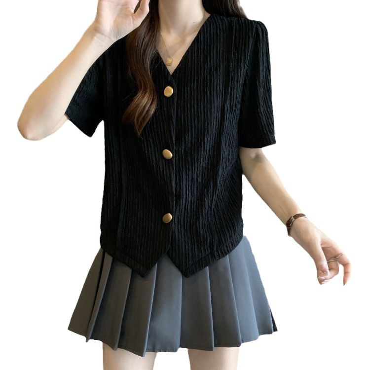 Diseño retro francés sentido irregular camiseta de manga corta verano para mujer nuevo estilo suelto y delgado top de moda de talla grande
