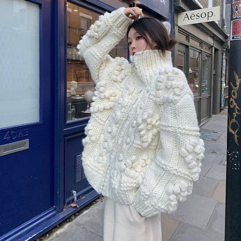 Autumn and Winter Design feeling lazy style loose thickened all-match turtleneck white handmade ball sweater coat knitted cardigan_voghion.com