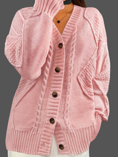 Women's Cross-Border International Trade Autumn and Winter New Pure Color Long-Sleeve V-Neck Knit Cardigan Buttoned Cable Knit Sweater Outerwear