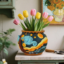 跨境热卖梵高灵感系列星空树脂花盆大口径家居桌面花园盆栽容器