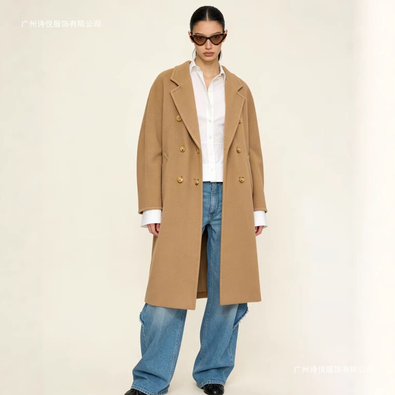 101801 Women's Coat Made of Goat Wool and Sheep Wool, Double-Breasted Classic Cocoon-Shaped Loose-Fitting Long Autumn and Winter Coat